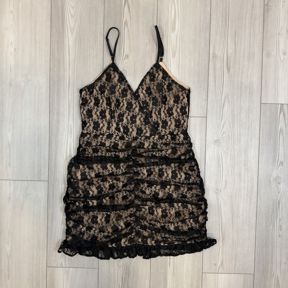 Lulus Size XL Black Frilled to Be Here Ruched Lace‎ Mini Dress Y2K Style